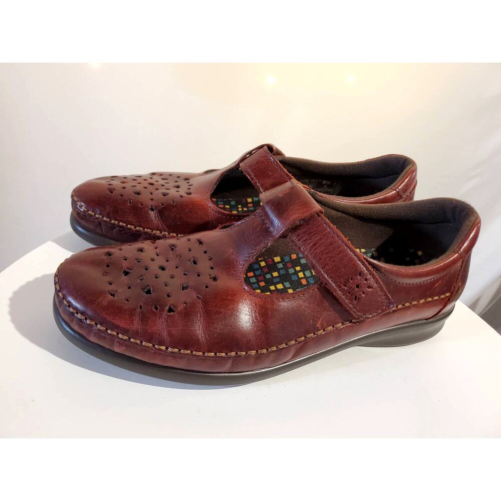 SAS Willow Cutout Leather Walnut Mary Jane Moccasin T-Strap Loafers Womens 8.5N - Picture 1 of 9
